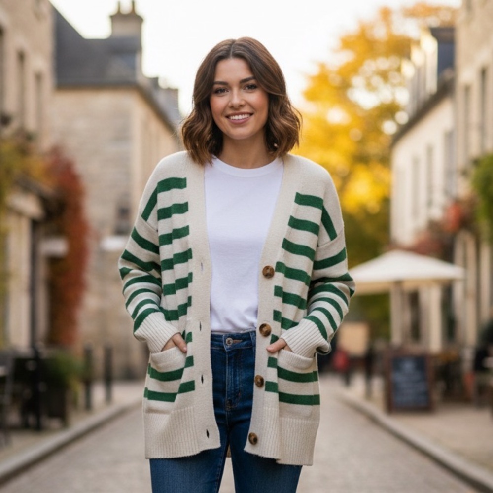 Green and White Striped Cardigan Sweater | Sz M